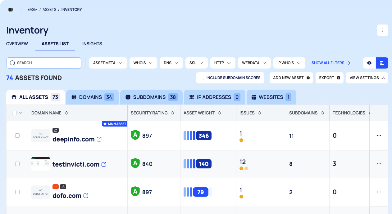 The asset inventory list with the SEARCH box, the filter chips, the result line with its buttons and the asset-type tabs.