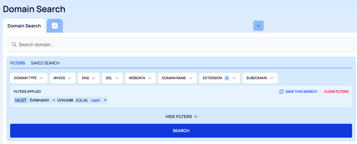 The Domain Search page with one condition listed under FILTERS APPLIED.