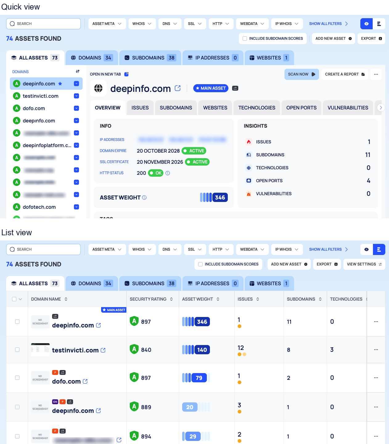 The asset inventory in quick view, with the record list and the selected record's details, above the same list in list view.