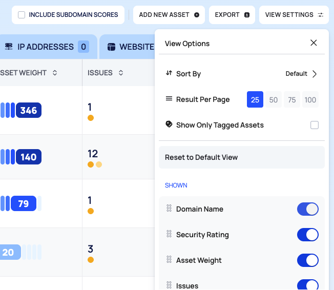 VIEW SETTINGS open on the inventory, showing View Options with Sort By, Result Per Page and the SHOWN column switches.