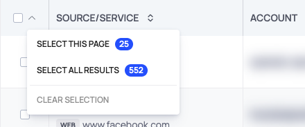 The header checkbox menu with SELECT THIS PAGE, SELECT ALL RESULTS and CLEAR SELECTION.