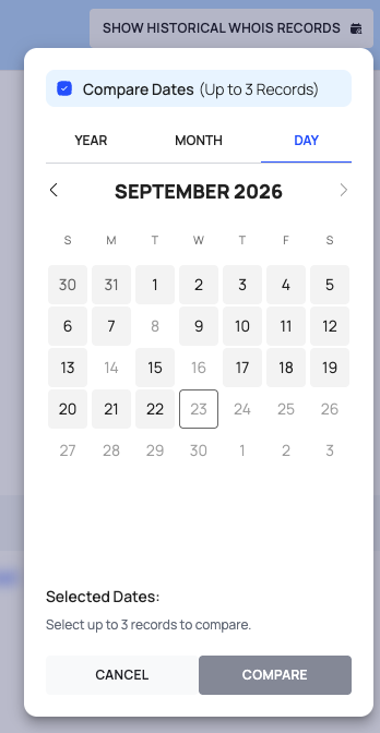 The historical records date picker with Compare Dates ticked and the YEAR, MONTH and DAY tabs.