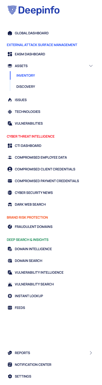 The expanded sidebar with the coloured module group headings and ASSETS opened to show INVENTORY and DISCOVERY.