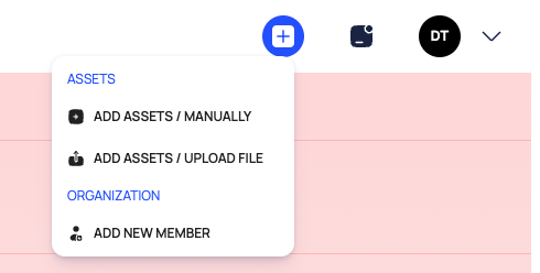 The + menu open, with its ASSETS and ORGANIZATION items.