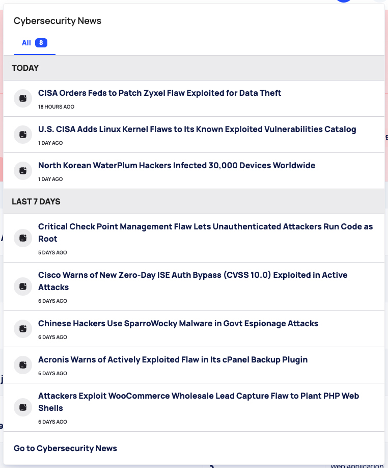 The Cybersecurity News menu open, with articles under TODAY and LAST 7 DAYS and the Go to Cybersecurity News link.