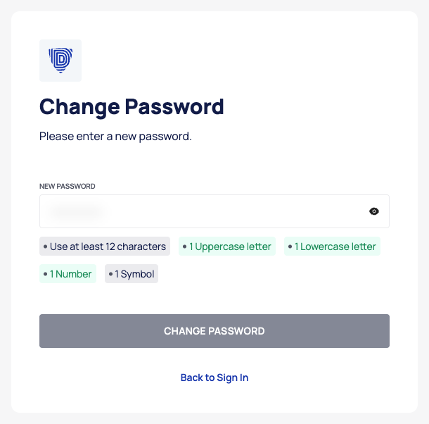 The Change Password page opened from a reset link, with a new password typed in and some of the password rules turned green.