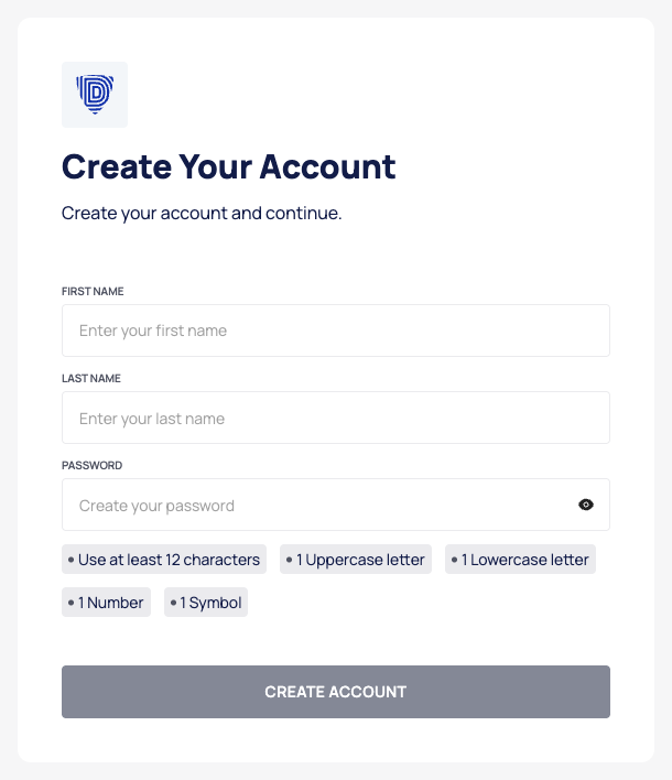 The Create Your Account page with the FIRST NAME, LAST NAME and PASSWORD fields, the password rules and the CREATE ACCOUNT button.