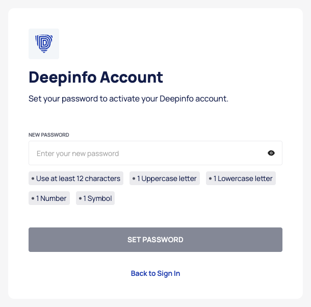 The Deepinfo Account page with the NEW PASSWORD field, the password rules and the SET PASSWORD button.