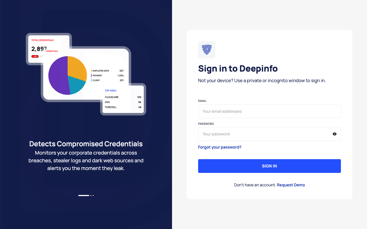 The sign-in page, with the rotating carousel panel on the left and the sign-in form with EMAIL, PASSWORD and SIGN IN on the right.