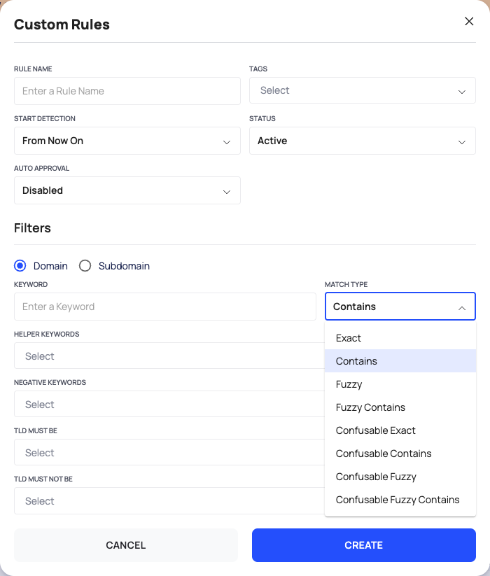 The Custom Rules dialog with the MATCH TYPE list open.