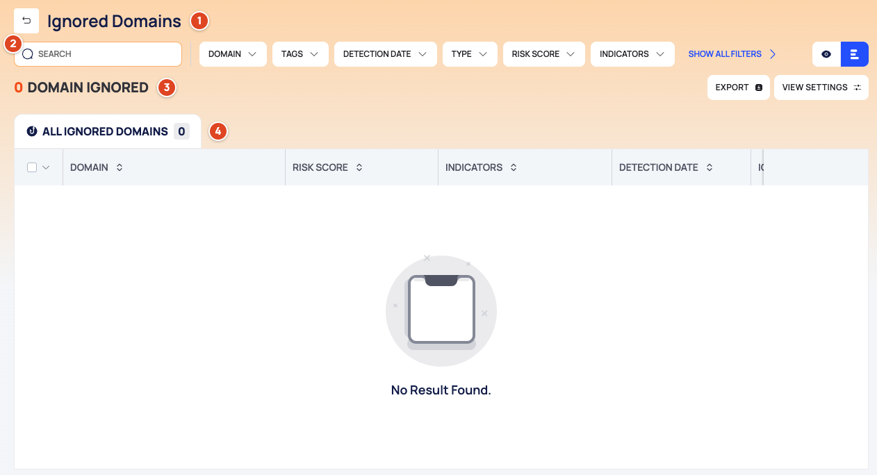 Ignored Domains, numbered 1 to 4, with an empty list.