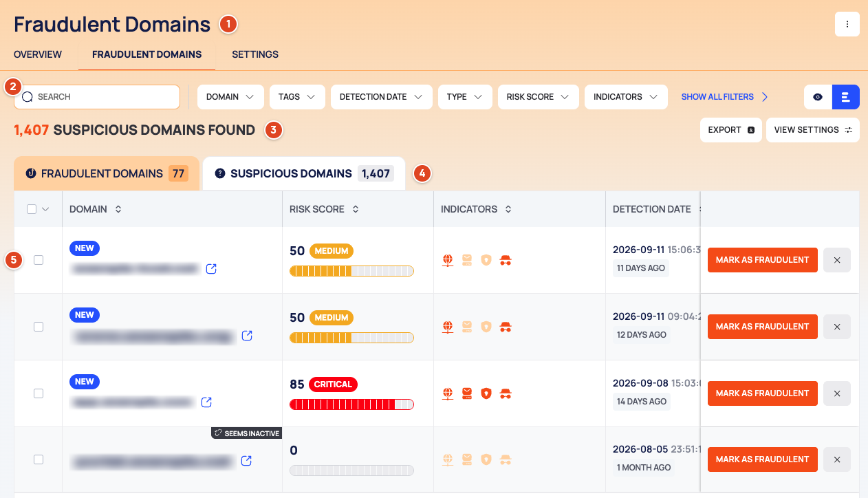 The SUSPICIOUS DOMAINS list, numbered 1 to 5, with NEW badges and a SEEMS INACTIVE banner.