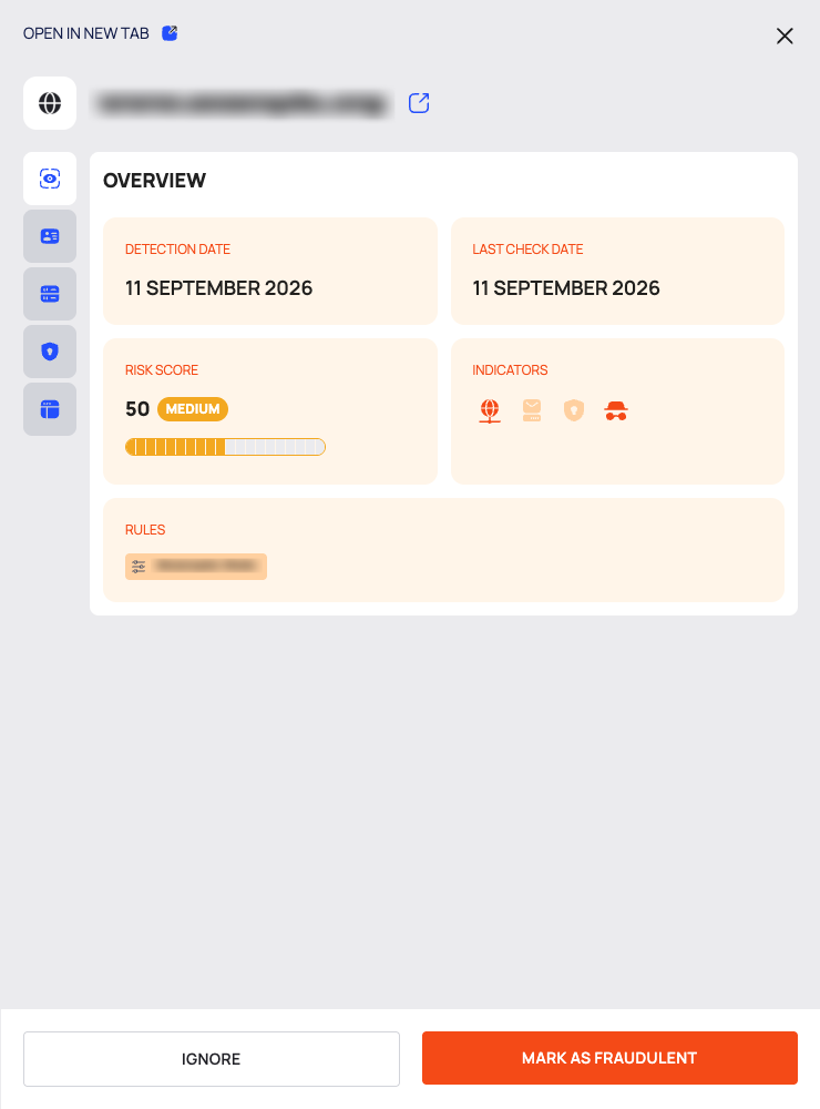 The drawer of a suspicious domain on OVERVIEW, with IGNORE and MARK AS FRAUDULENT at the bottom.