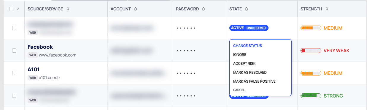 The CHANGE STATUS menu open on a STATE chip in the EXPOSED CREDENTIALS list.