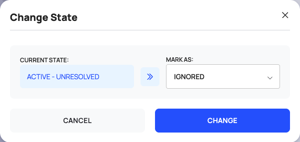 The Change State window with CURRENT STATE, the MARK AS list, CANCEL and CHANGE.