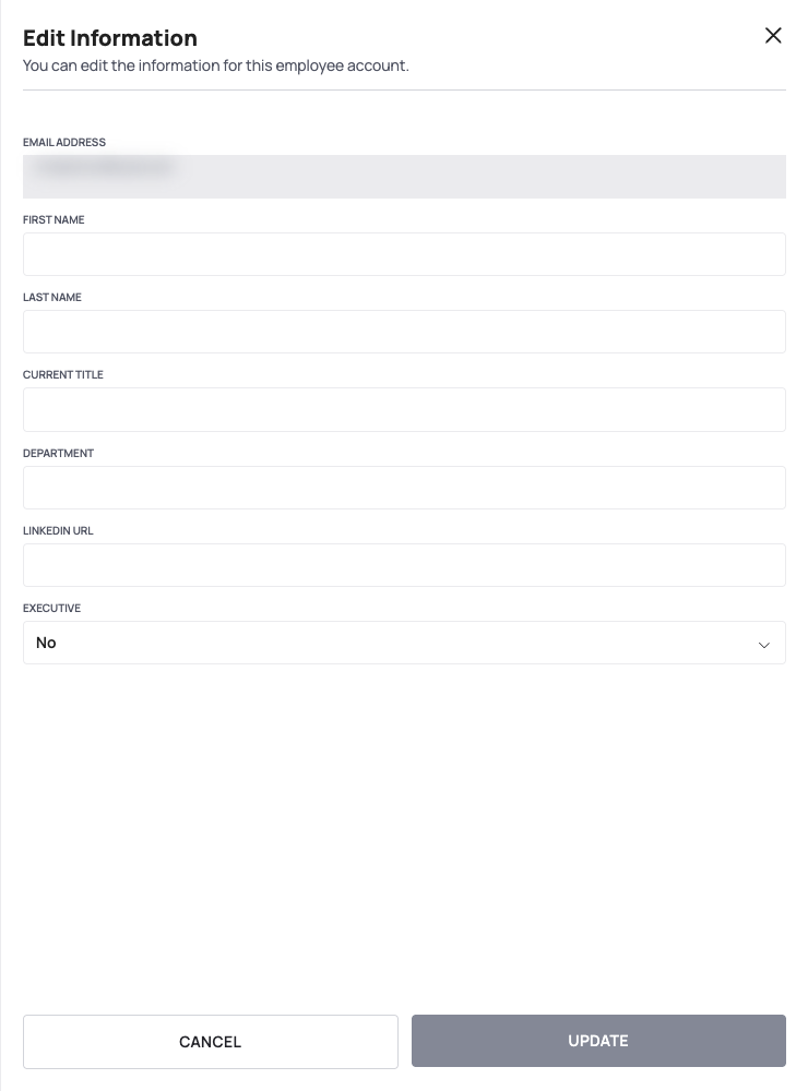 The Edit Information drawer of an employee with CANCEL and UPDATE at the bottom; the e-mail address is blurred.