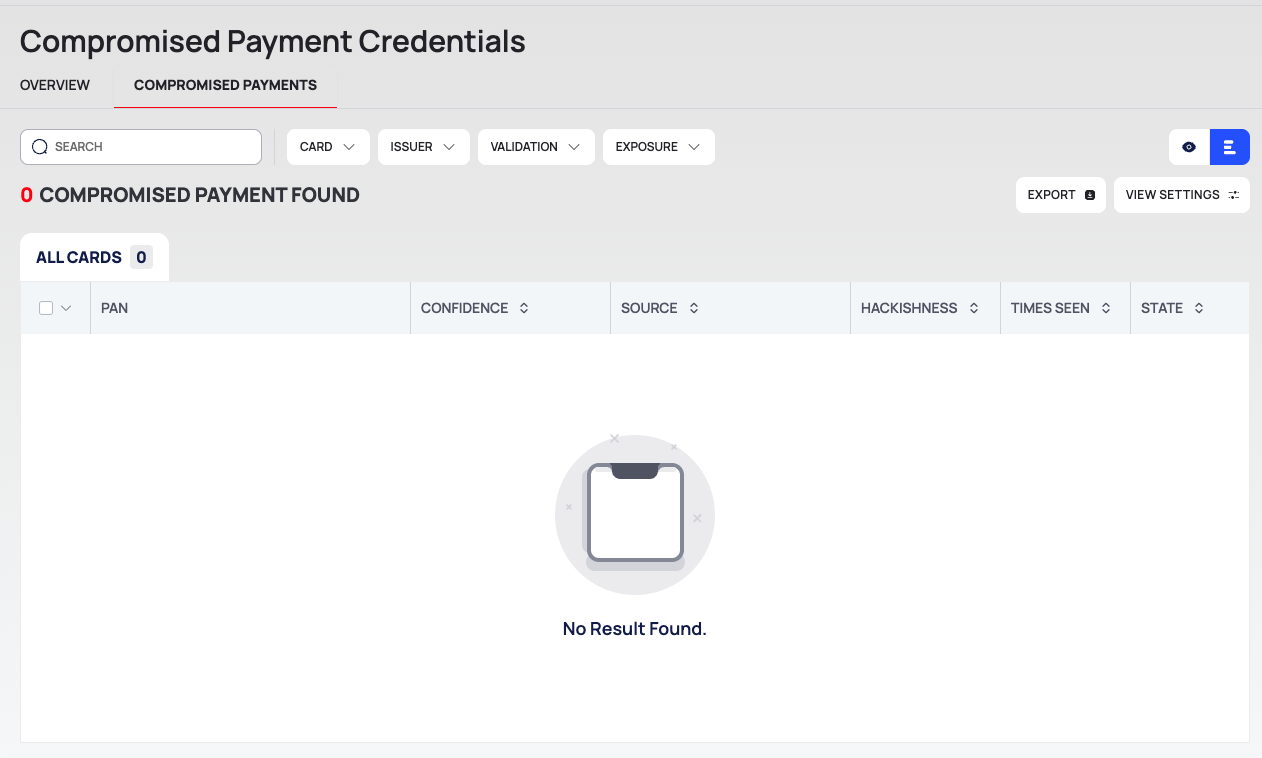 The COMPROMISED PAYMENTS tab with its filter chips and columns, showing No Result Found.
