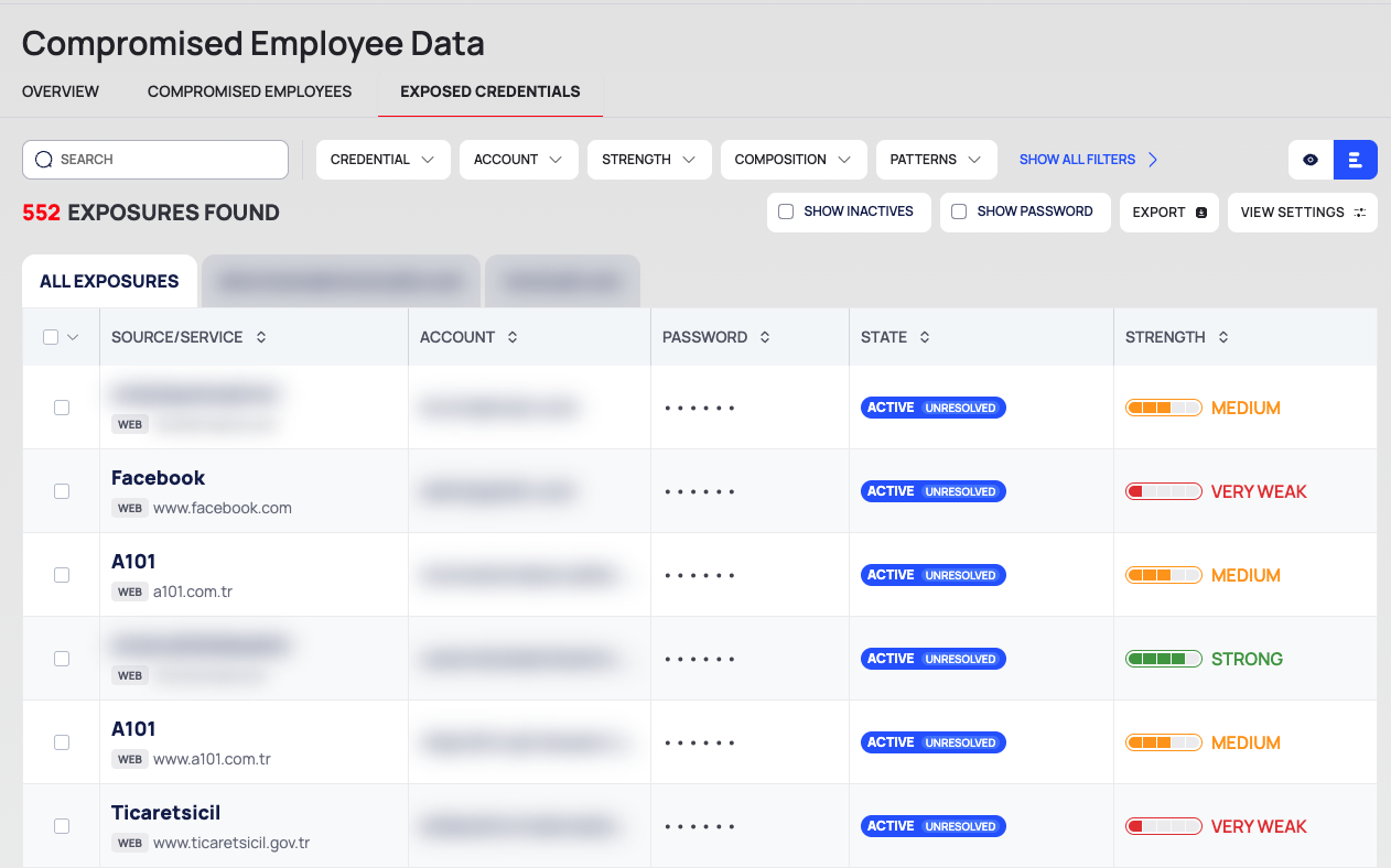 The EXPOSED CREDENTIALS tab with the filter row, the result line, the domain tabs and the list, with passwords masked and accounts blurred.
