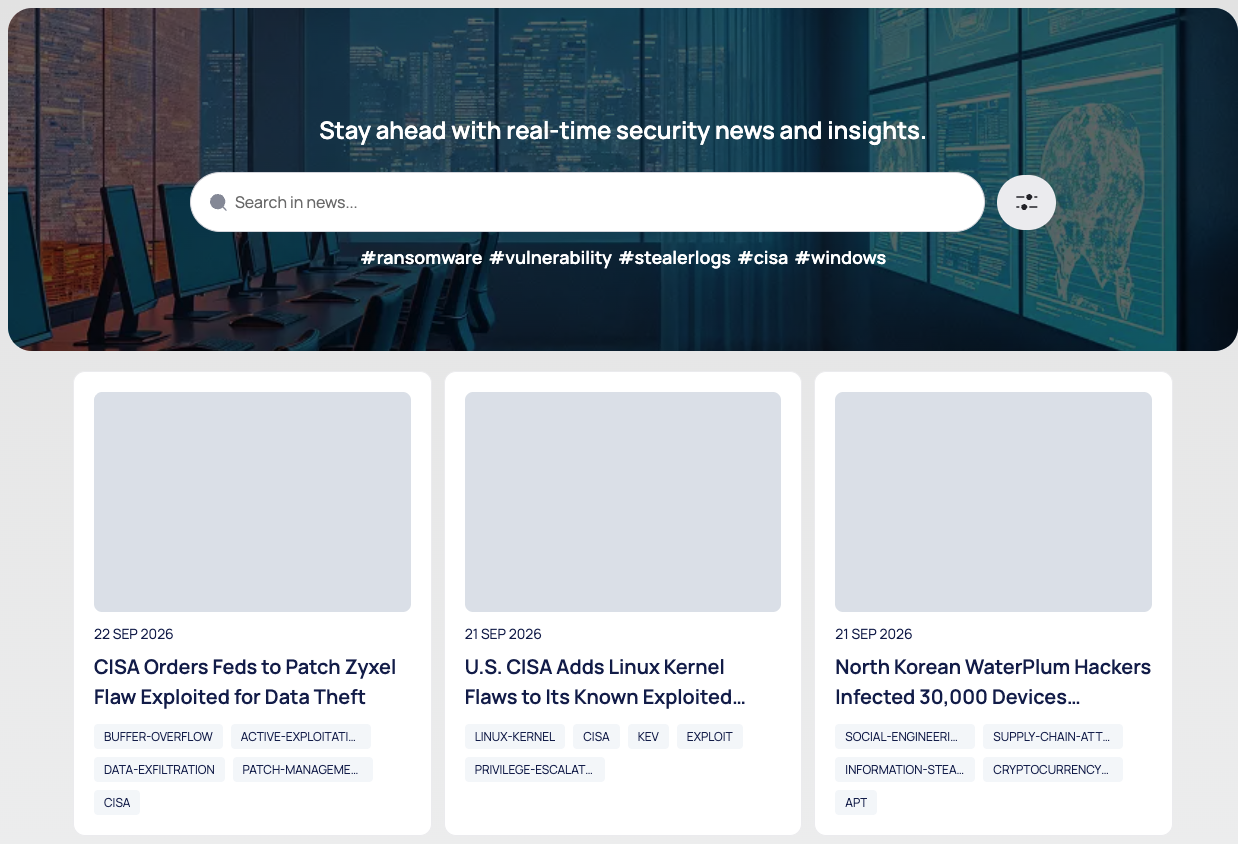 The news list with the search box, the filter icon, the hashtag links and the first article cards; article images are hidden.