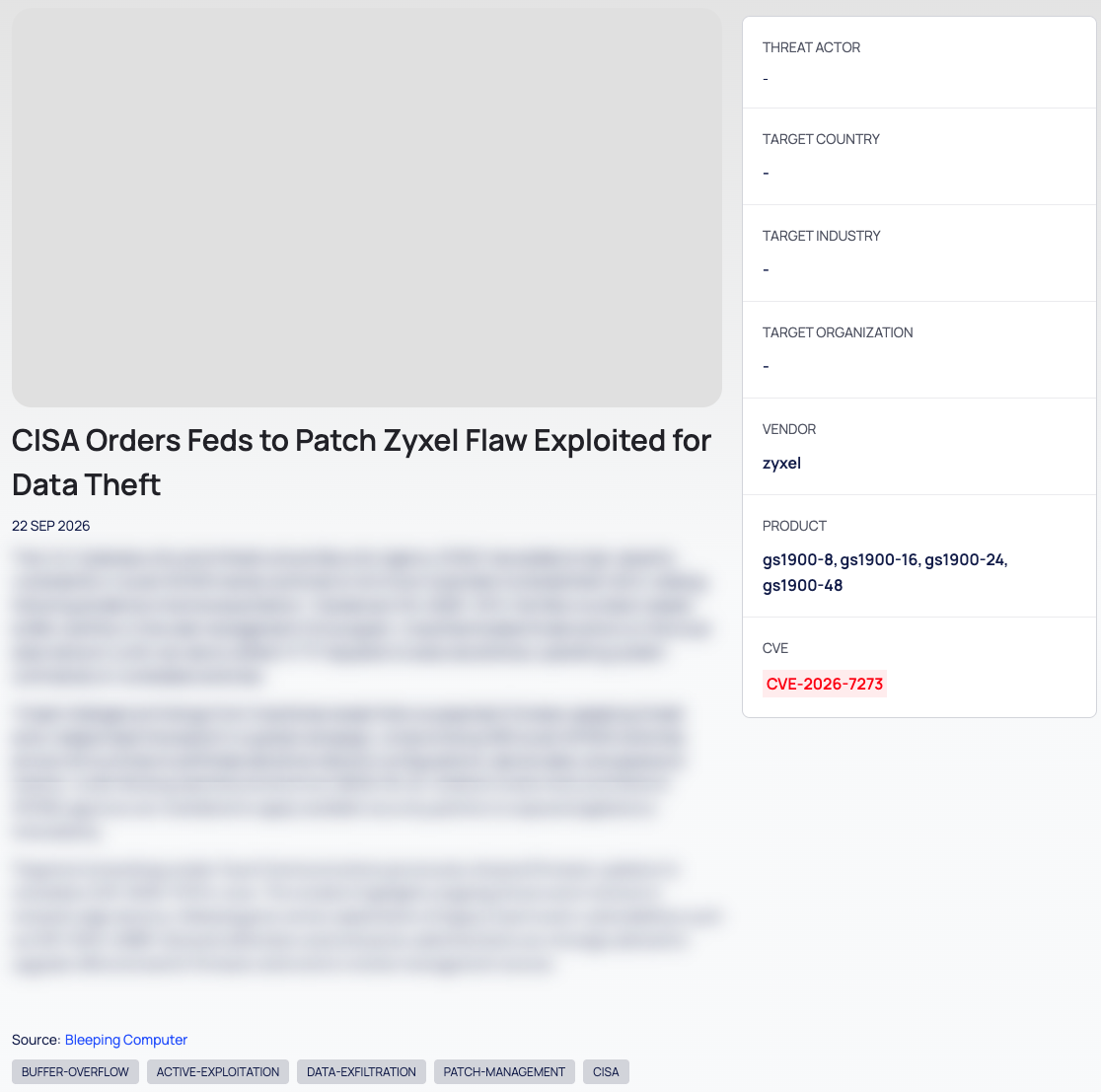 An article with its side panel of threat actor, target, vendor, product and CVE fields; the article image is hidden and the article text is blurred.