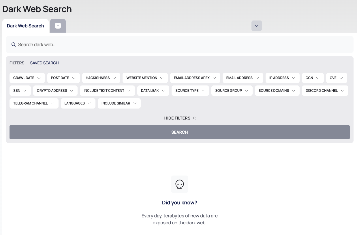 Dark Web Search before the first search, with the search box, the open filter panel and the Did you know? panel.
