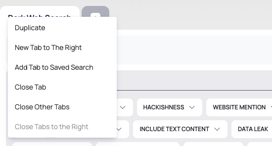 The right-click menu of a search tab in Dark Web Search.