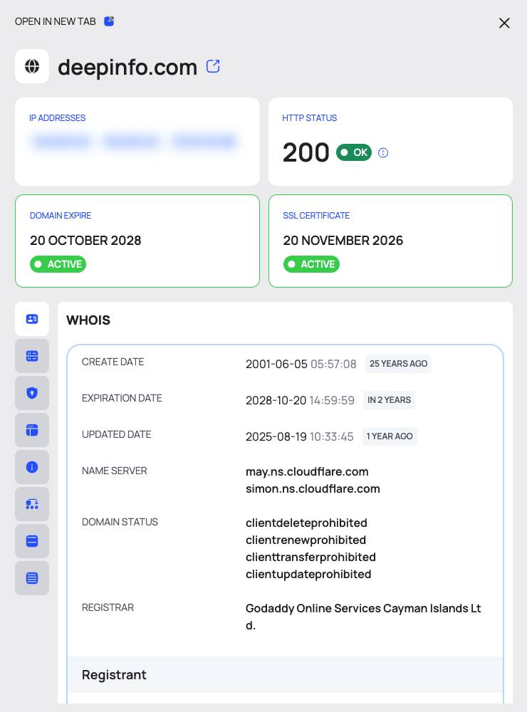 The domain drawer on the WHOIS tab, with the summary at the top and the tab icons on the left.