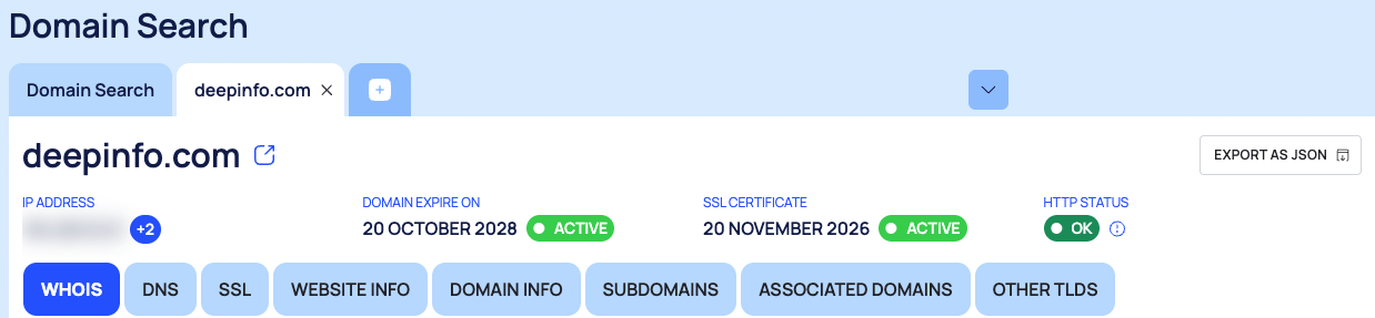 A domain's page tab with the summary at the top and the section menu.