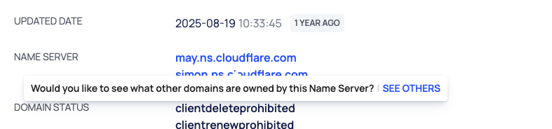 The SEE OTHERS tooltip on a name server.