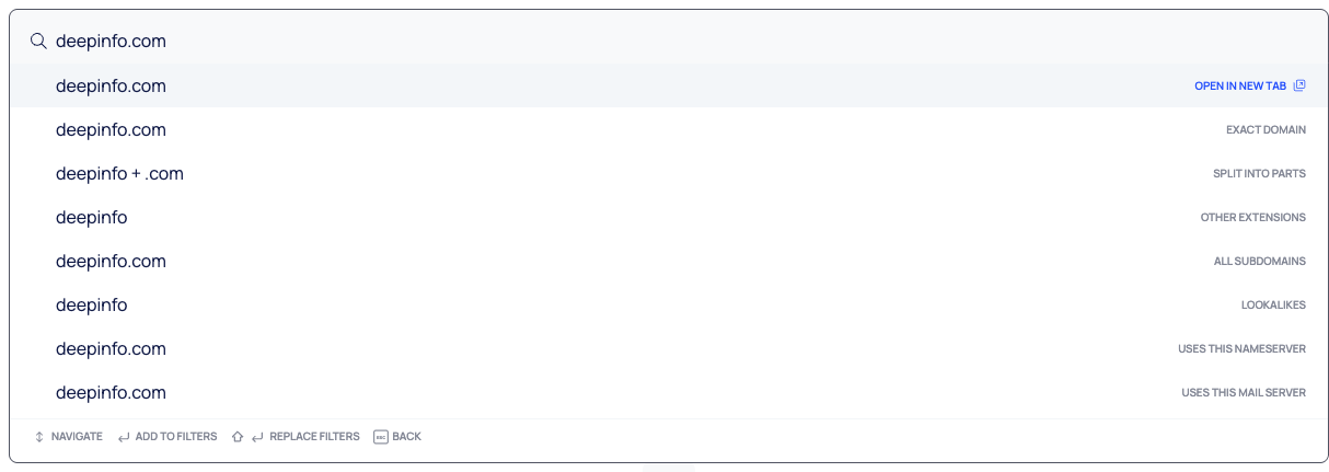 The suggestion list for a typed domain name, from OPEN IN NEW TAB to USES THIS MAIL SERVER, with the keyboard hints.