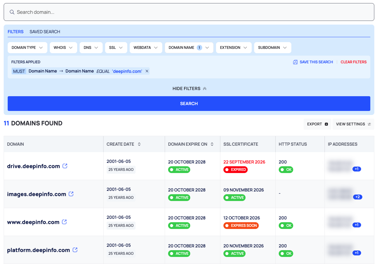 A Domain Search result list with the FILTERS APPLIED bar above it.