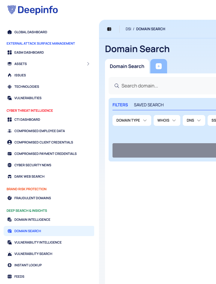 The sidebar with the DEEP SEARCH & INSIGHTS group and the DSI / DOMAIN SEARCH breadcrumb.