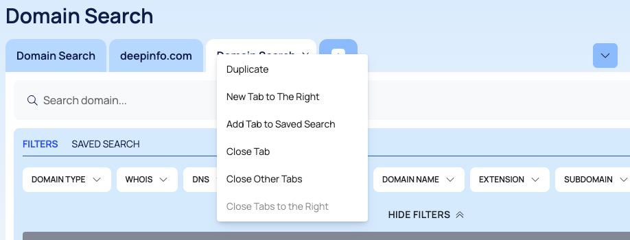 Domain Search with three page tabs and the right-click menu of a tab open.