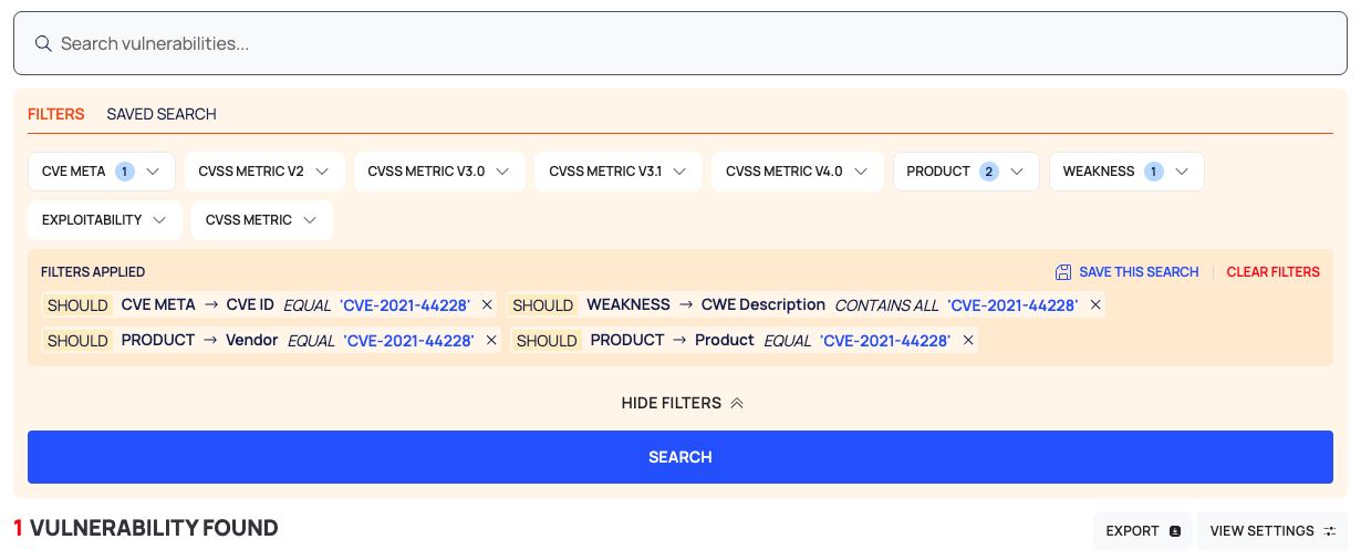 Vulnerability Search with the four SHOULD rules made from a CVE ID in the FILTERS APPLIED bar.