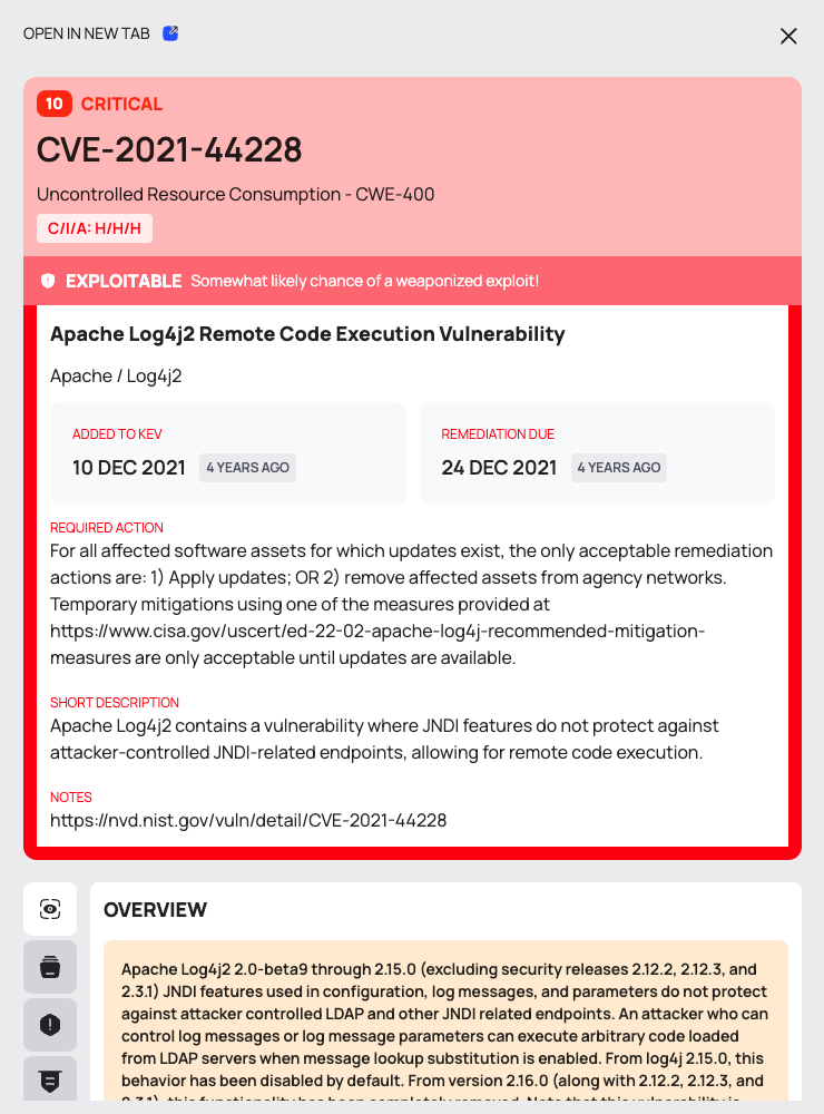 The drawer of a CVE in the CISA KEV catalog, with the EXPLOITABLE banner.