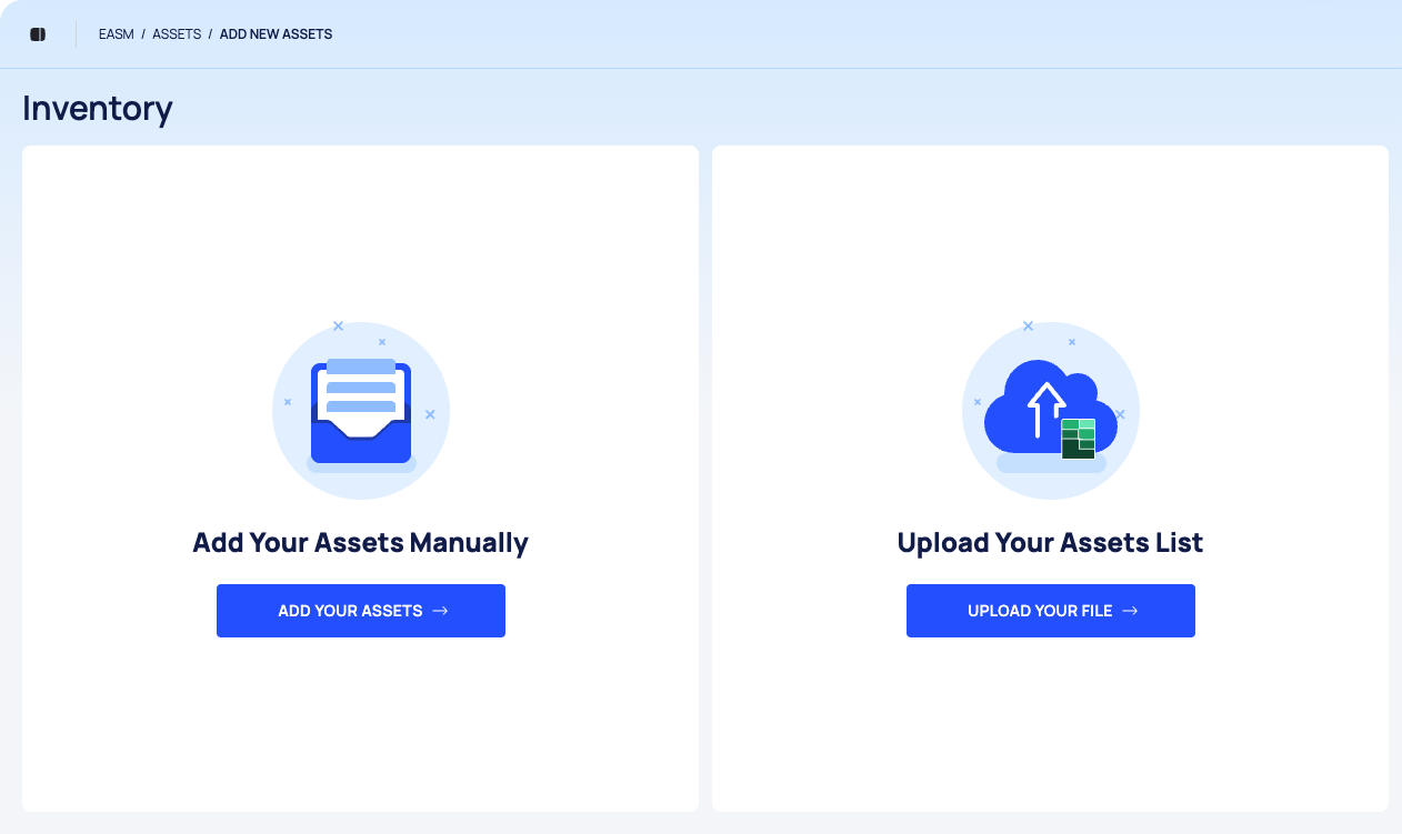 The add-assets method chooser with the Add Your Assets Manually and Upload Your Assets List cards, under the ADD NEW ASSETS breadcrumb.