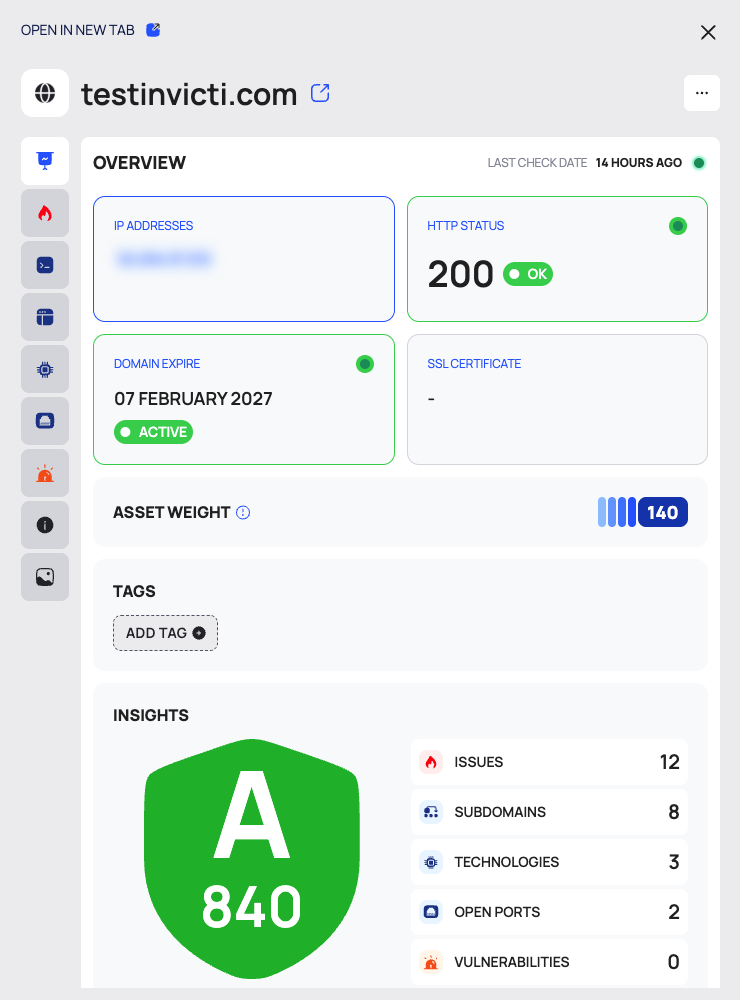 The asset drawer on its OVERVIEW tab, with OPEN IN NEW TAB, the actions menu and the icon tabs down the side.