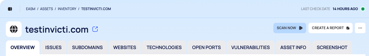 The header of an asset's detail page with the breadcrumb, SCAN NOW, CREATE A REPORT, the actions menu and the tabs.