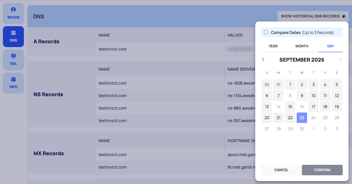 The DNS panel of ASSET INFO with the historical records date picker open.