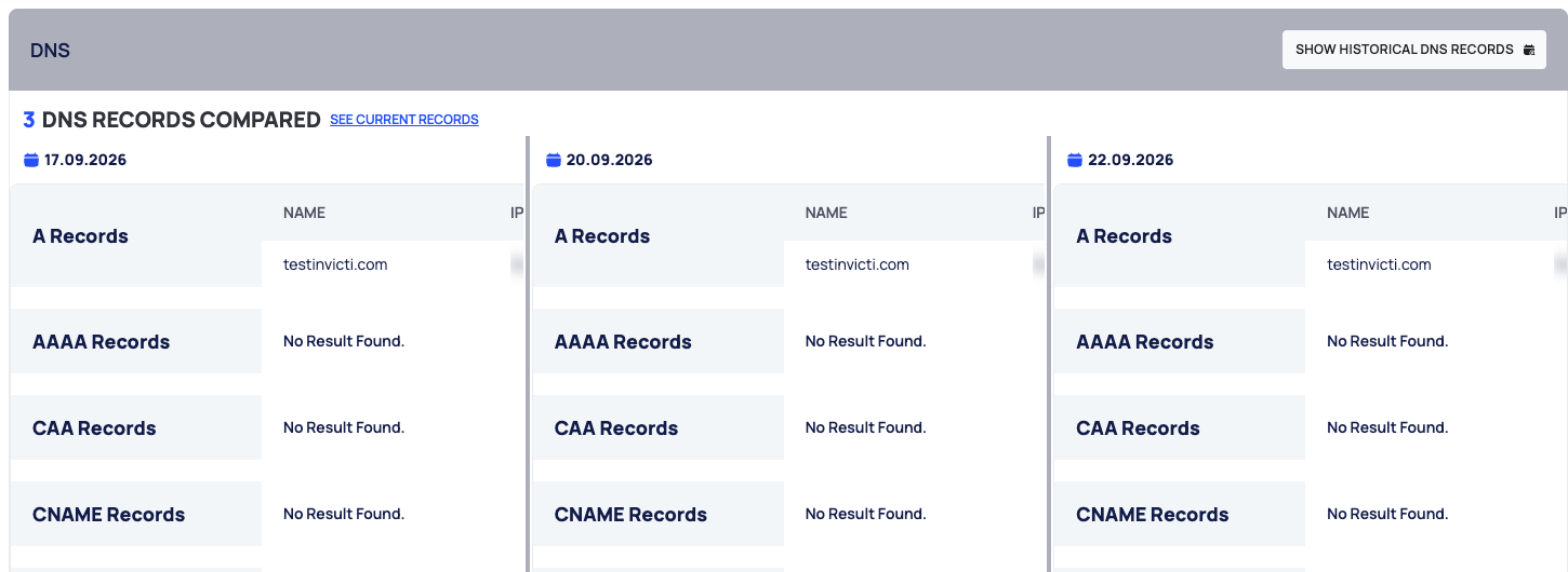 The compare view of ASSET INFO showing the DNS records of three dates side by side.