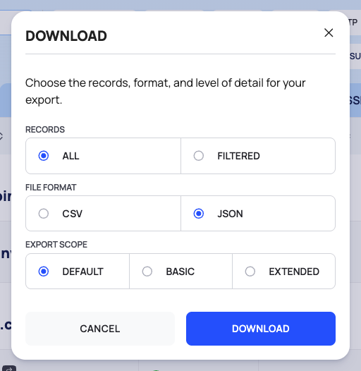 The DOWNLOAD dialog with the RECORDS, FILE FORMAT and EXPORT SCOPE options.