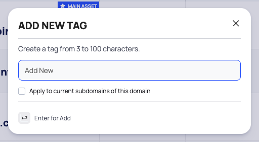 The ADD NEW TAG dialog with the Add New field and the Apply to current subdomains of this domain option.