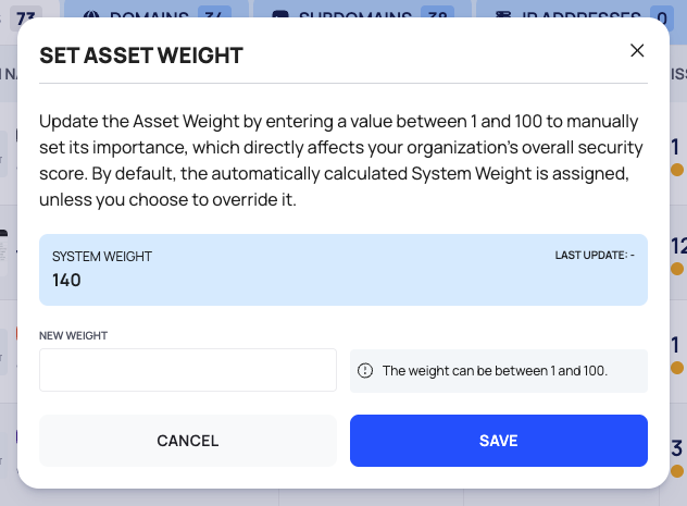 The SET ASSET WEIGHT dialog with the system weight, its last update and the NEW WEIGHT field.