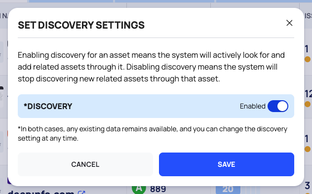 The SET DISCOVERY SETTINGS dialog with the DISCOVERY switch, CANCEL and SAVE.