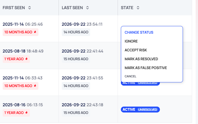 The CHANGE STATUS menu open on a STATE chip, with IGNORE, ACCEPT RISK, MARK AS RESOLVED, MARK AS FALSE POSITIVE and CANCEL.