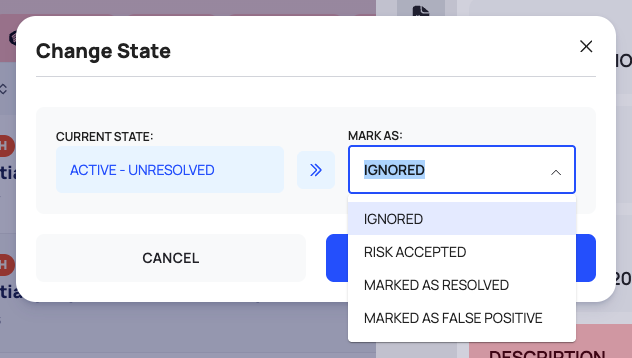 The Change State popup with the current state, the MARK AS list open on the states you can set, and CANCEL.