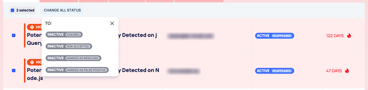 Two ticked issue rows with the CHANGE ALL STATUS menu open under TO:, listing the states you can set.