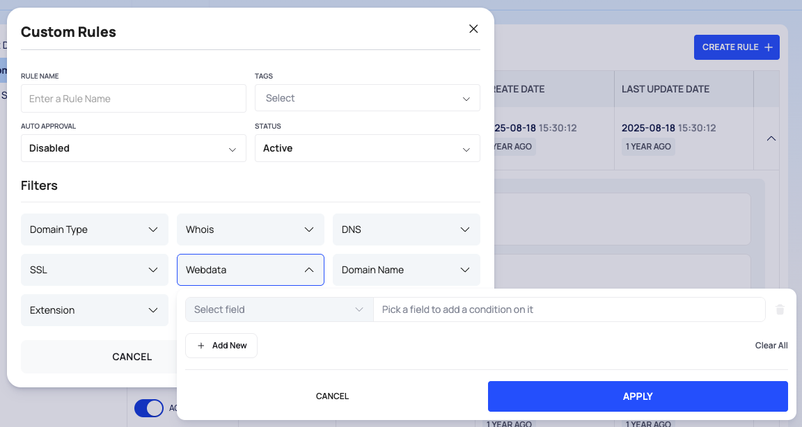 The Custom Rules dialog with the Webdata filter chip open on its Select field popover.