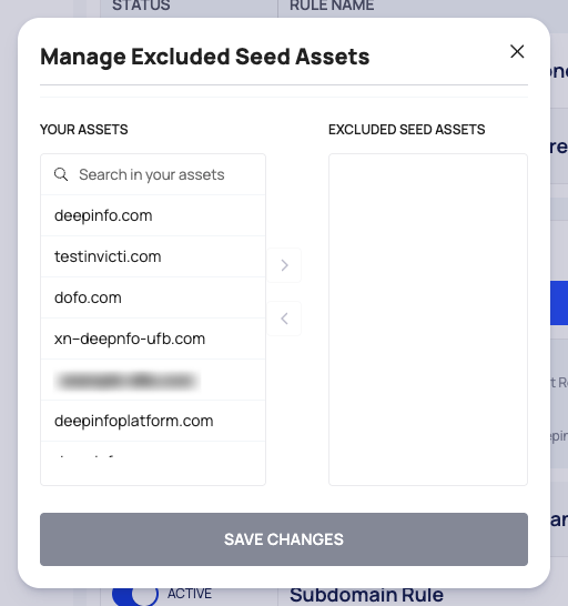 The Manage Excluded Seed Assets dialog with the YOUR ASSETS list, the EXCLUDED SEED ASSETS list and SAVE CHANGES.