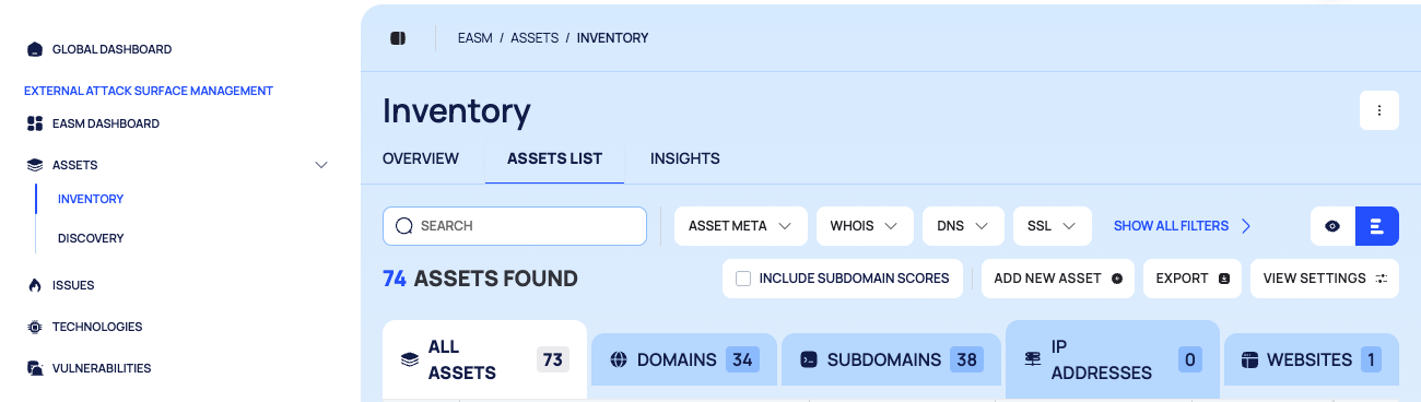 The EXTERNAL ATTACK SURFACE MANAGEMENT group in the sidebar with ASSETS expanded, next to the Inventory page with its in-page tabs.